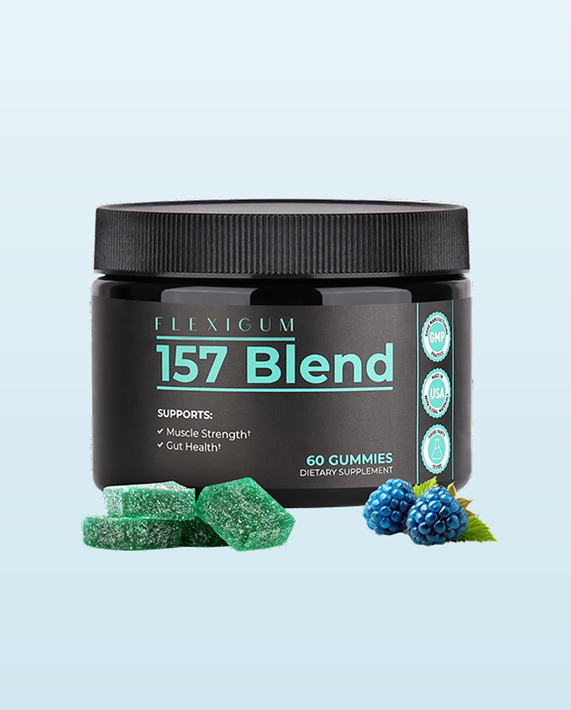 A jar of Flexigum 157Blend blue raspberry recovery gummies on a clean surface.