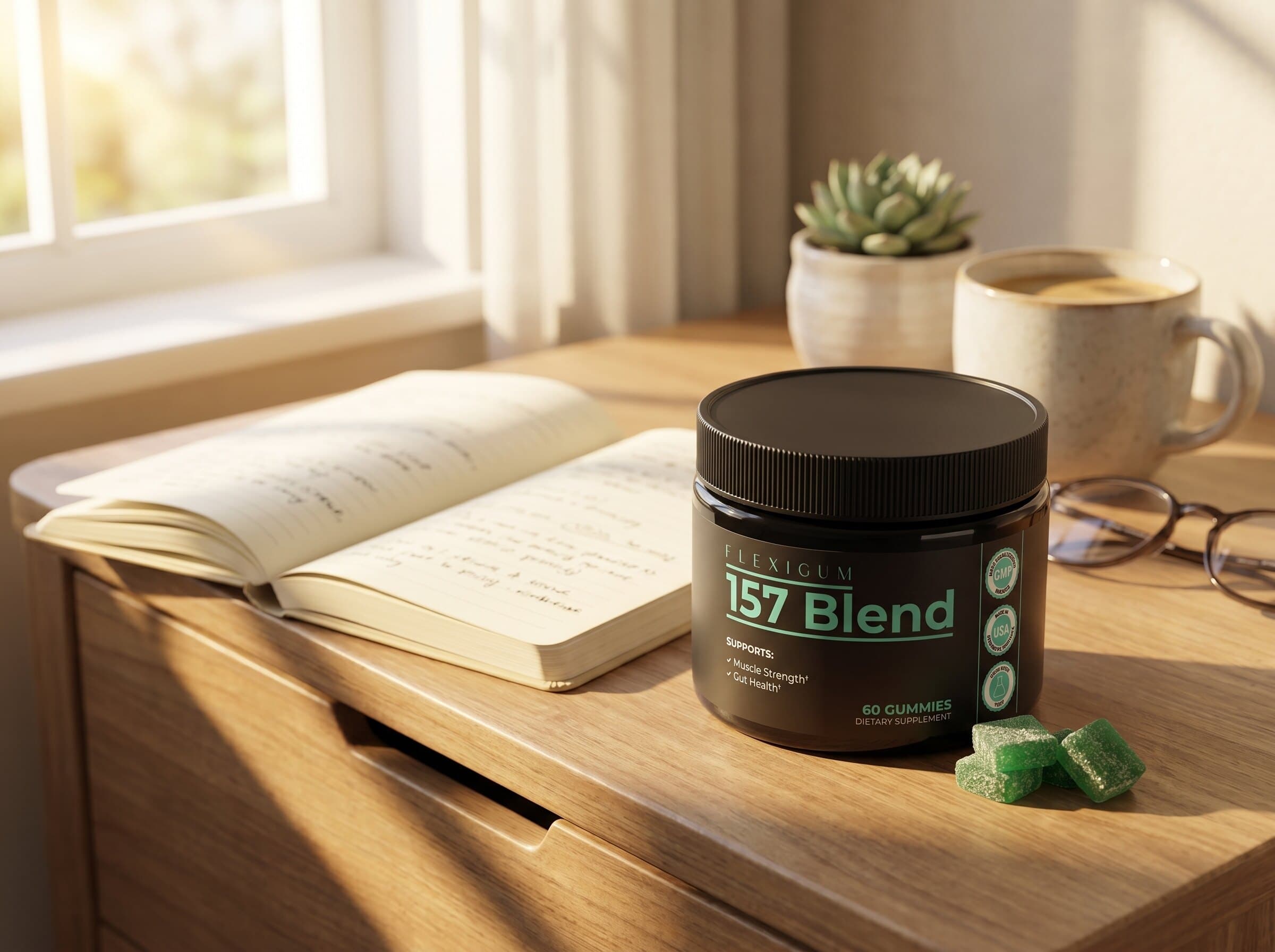 Flexigum 157 Blend jar on a sunlit table beside a journal and morning coffee.