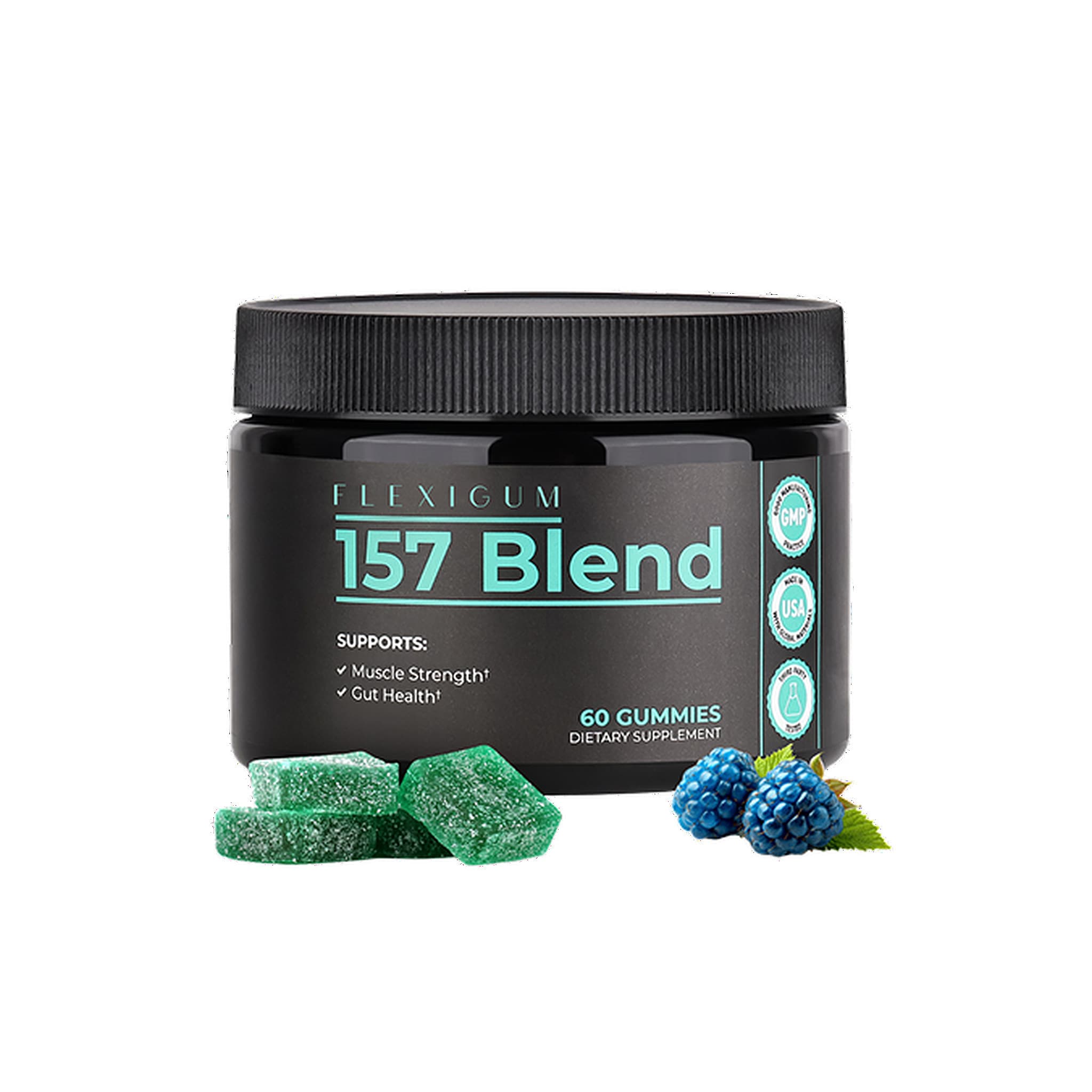 A jar of Flexigum 157Blend blue raspberry recovery gummies, a 60-count 30-day supply.